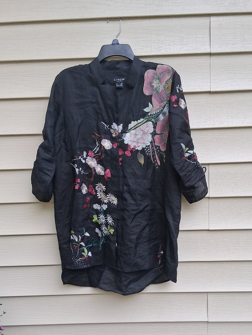 Citron Black Floral Embroidered Tunic Jacket with Pink Accents